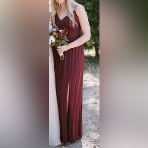 David’s Bridal Wine Spaghetti Strap Ruched Waist Mesh Dress